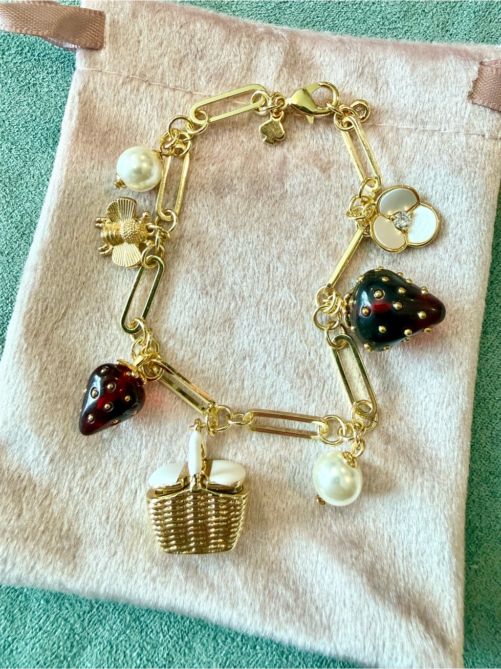 Kate Spade || Gold Plated, Pearl & Strawberry Charm Bracelet